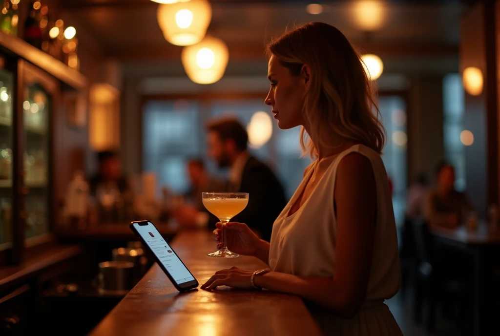 Women alone at a bar with drink

